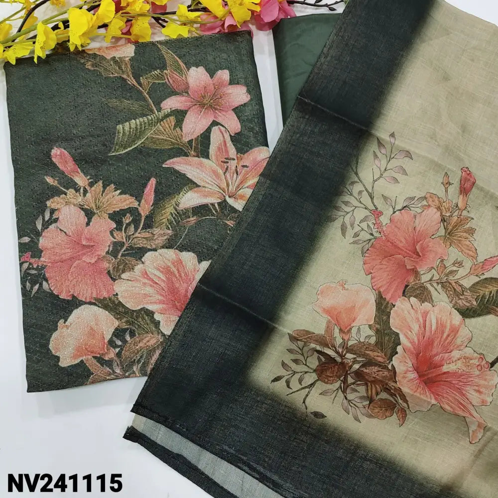 CODE NV241115: Greenish grey fancy digital printed jakard tissue silk cotton unstitched salwar material(thin fabric