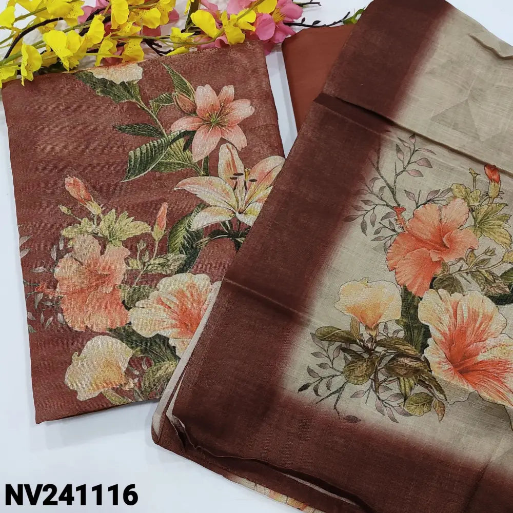 CODE NV241116: Brown fancy digital printed jakard tissue silk cotton unstitched salwar material(thin fabric lining