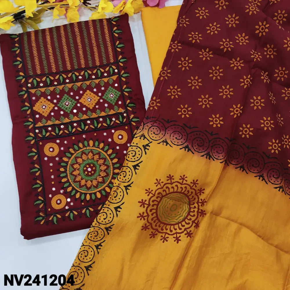 CODE NV241204: Maroon satin cotton unstitched salwar material heavy embroidered on yoke(lining optional)mehandhi yellow