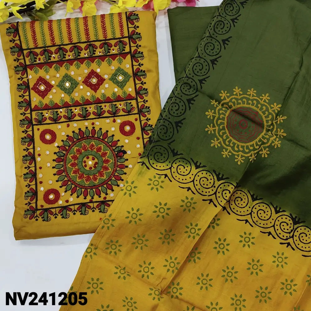 CODE NV241205: Mehandhi yellow satin cotton unstitched salwar material heavy embroidered on yoke(lining optional)green