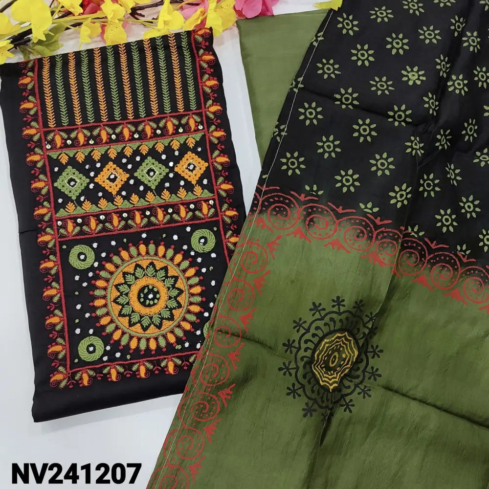 CODE NV241207: Black satin cotton unstitched salwar material heavy embroidered on yoke(lining optional)green pure