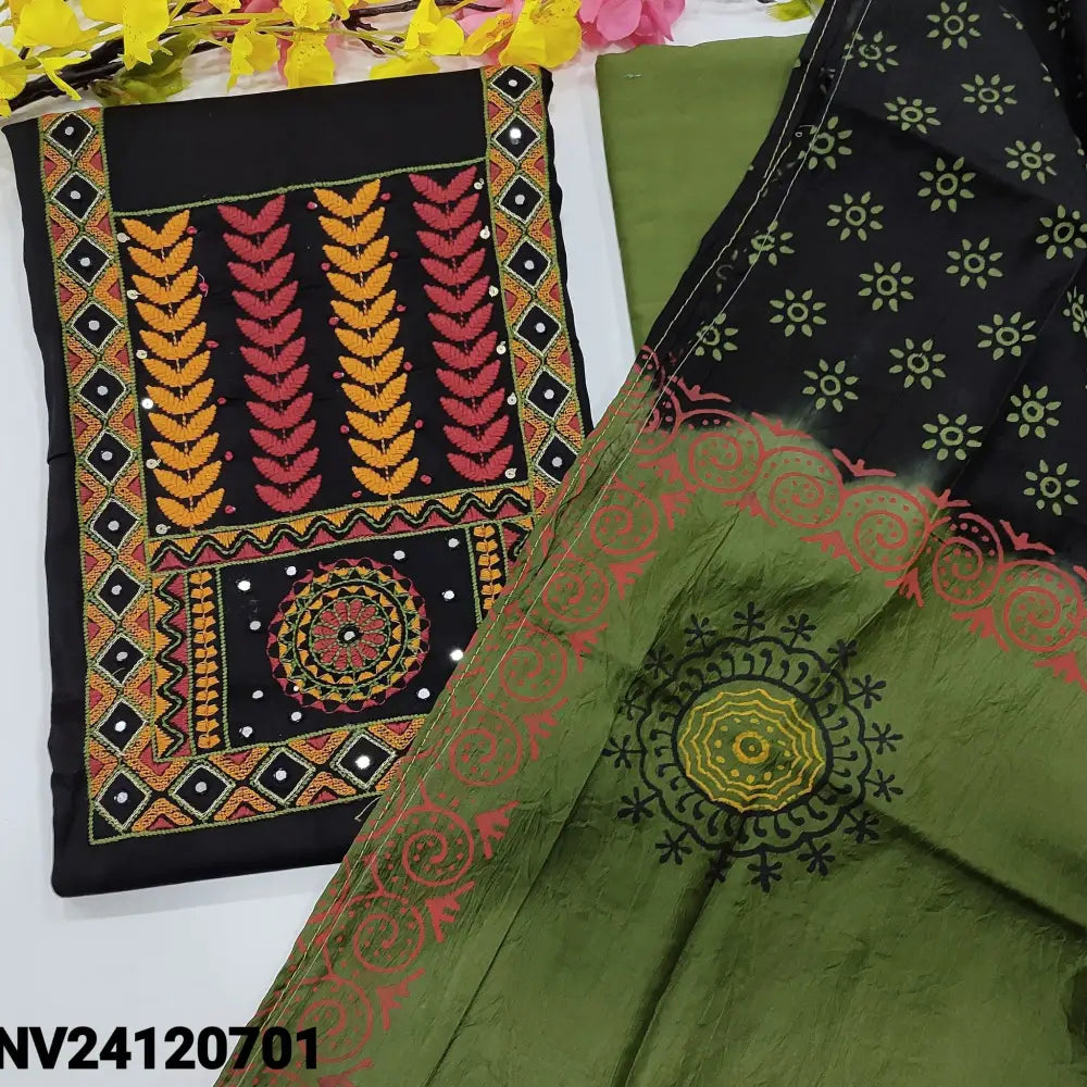 CODE NV24120701: Black satin cotton unstitched salwar material heavy embroidered on yoke(lining optional)green pure