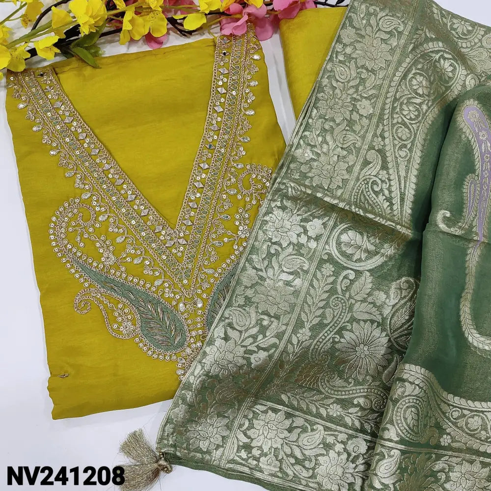 CODE NV241208: Bright mehandhi yellow pure dola silk unstitched salwar material v neck with zari sequins& real mirror