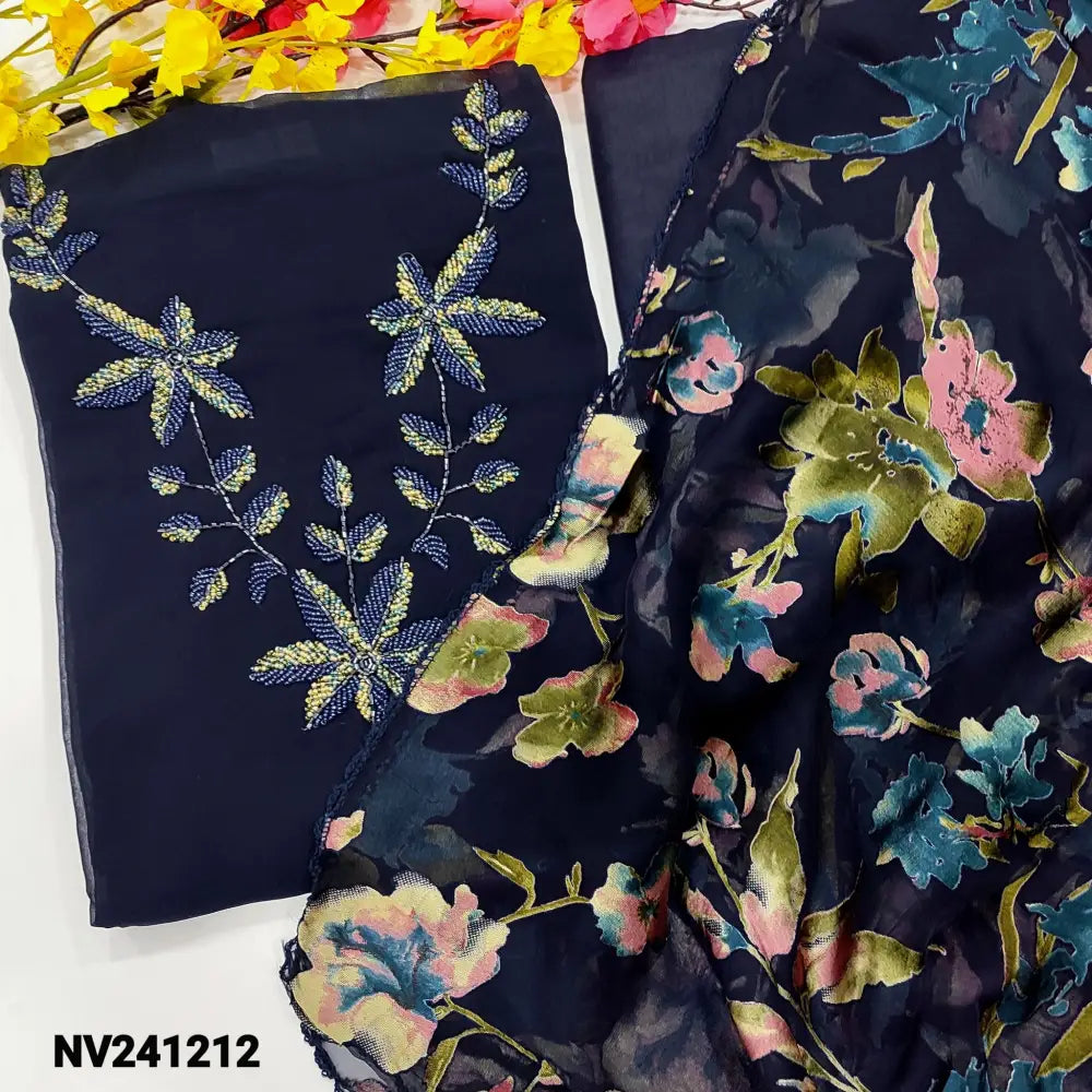 CODE NV241212: Dark blue semi georgette unstitched salwar material bead work on yoke(thin fabric lining needed)matching