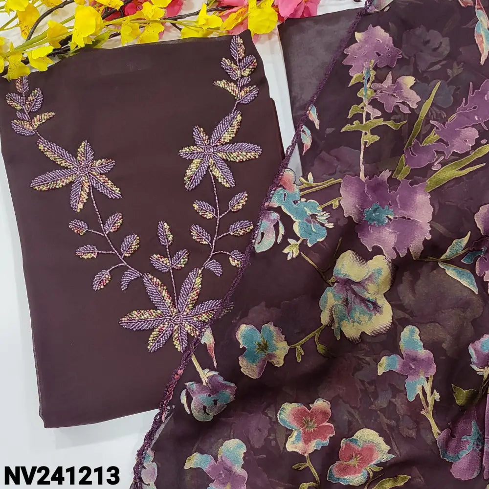 CODE NV241213: Deep wine purple semi georgette unstitched salwar material bead work on yoke(thin fabric lining