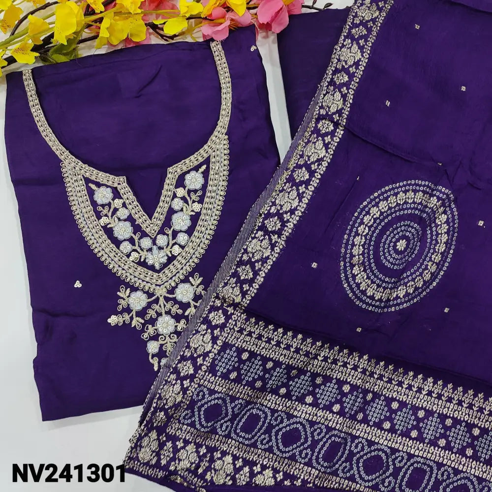CODE NV241301: Violet designer pure dola silk unstitched salwar material zari bead& sequins work on yoke(silky fabric