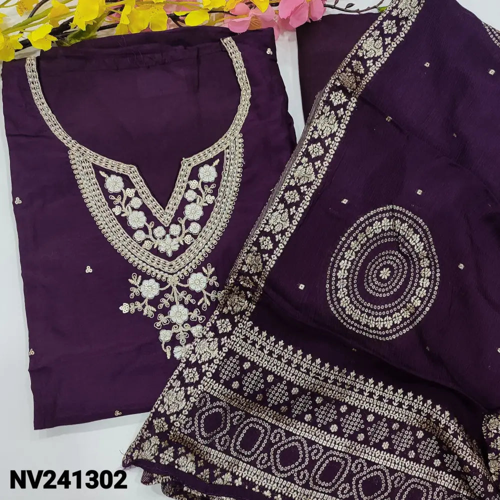 CODE NV241302: Deep wine purple designer pure dola silk unstitched salwar material zari bead& sequins work