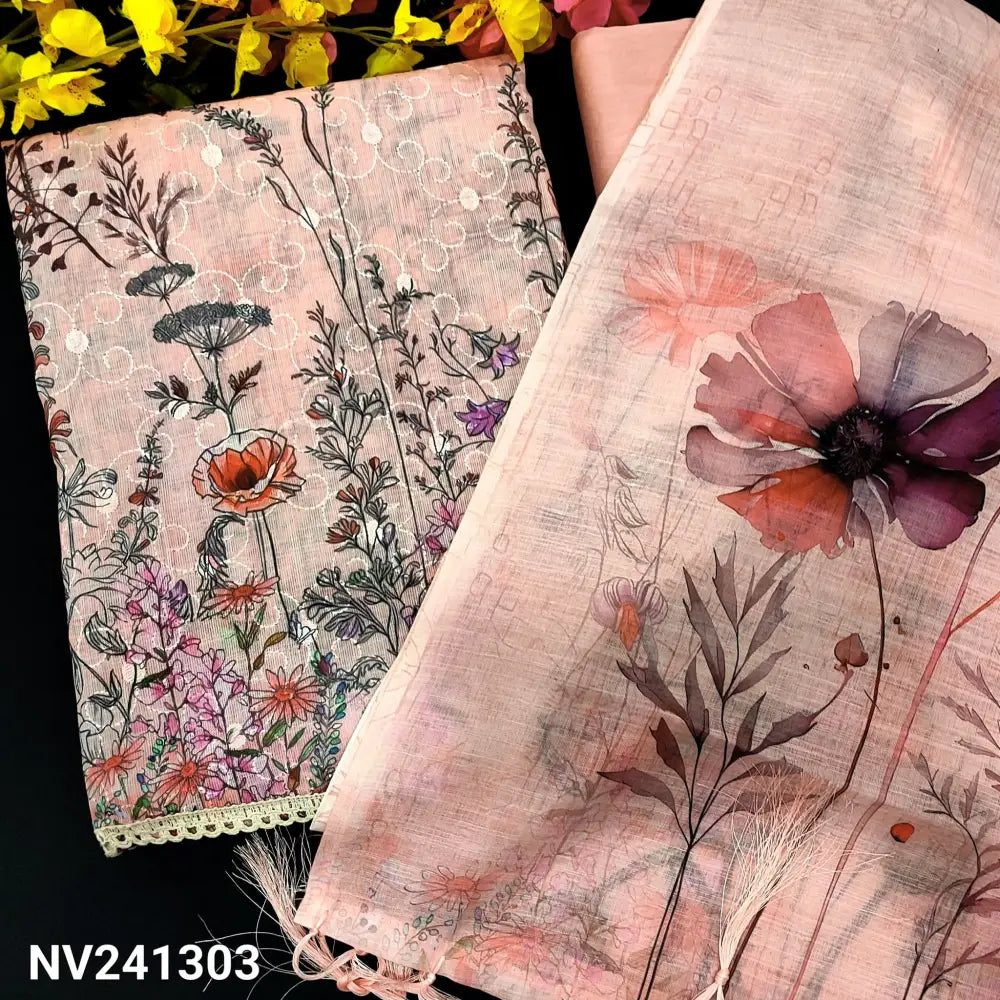 CODE NV241303: Pastel pink printed semi linen unstitched salwar material self embroidered on front(thin fabric lining
