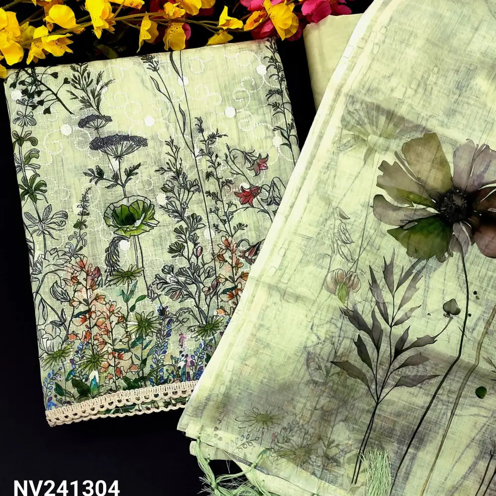 CODE NV241304: Pastel green printed semi linen unstitched salwar material self embroidered on front(thin fabric lining