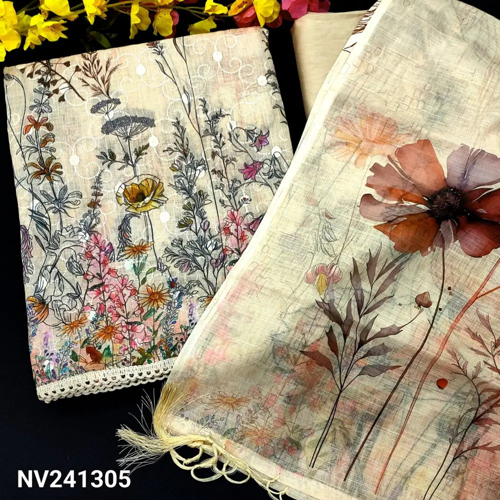 CODE NV241305: Light beige printed semi linen unstitched salwar material self embroidered on front(thin fabric lining