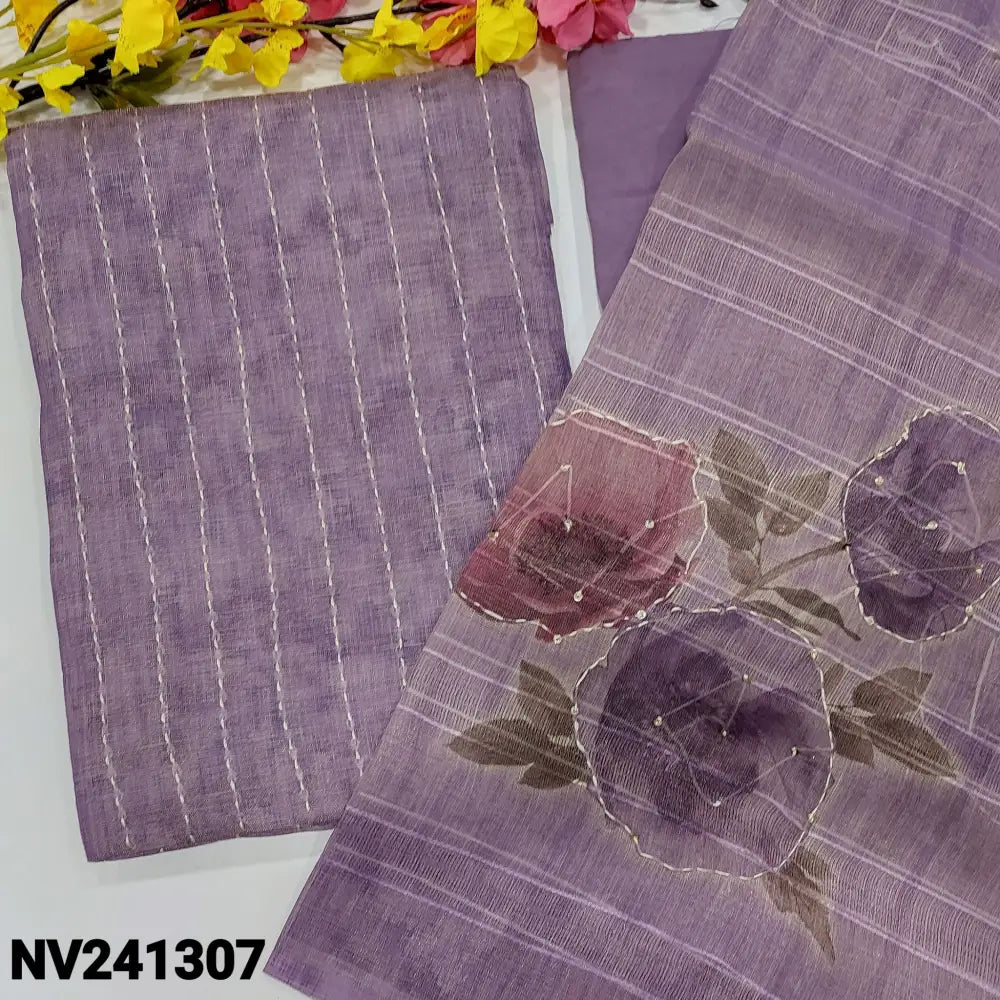 CODE NV241307: Purple with golden tint tissue linen unstitched salwar material kantha stitch work on front(thin fabric