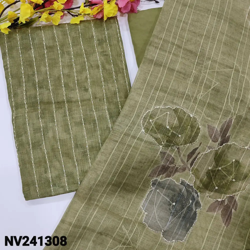 CODE NV241308: Cardamom green with golden tint tissue linen unstitched salwar material kantha stitch work on front(thin