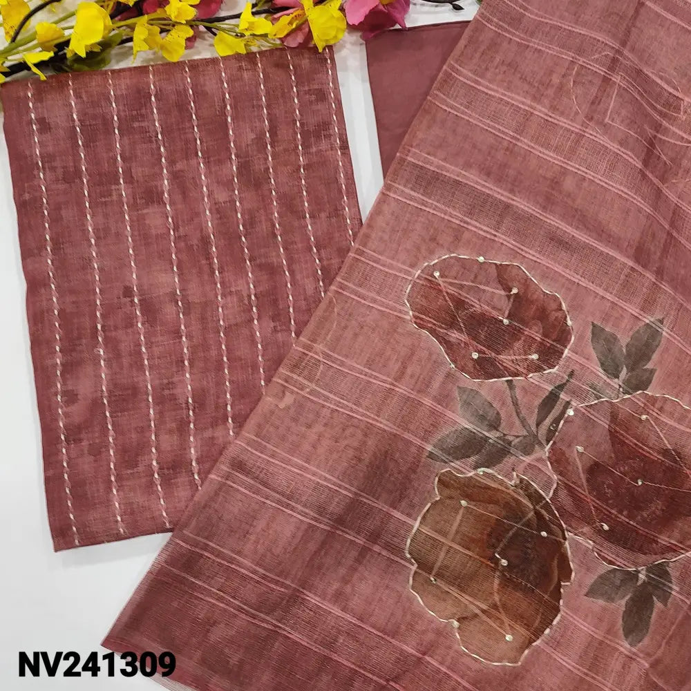 CODE NV241309: Dark onion pink with golden tint tissue linen unstitched salwar material kantha stitch work