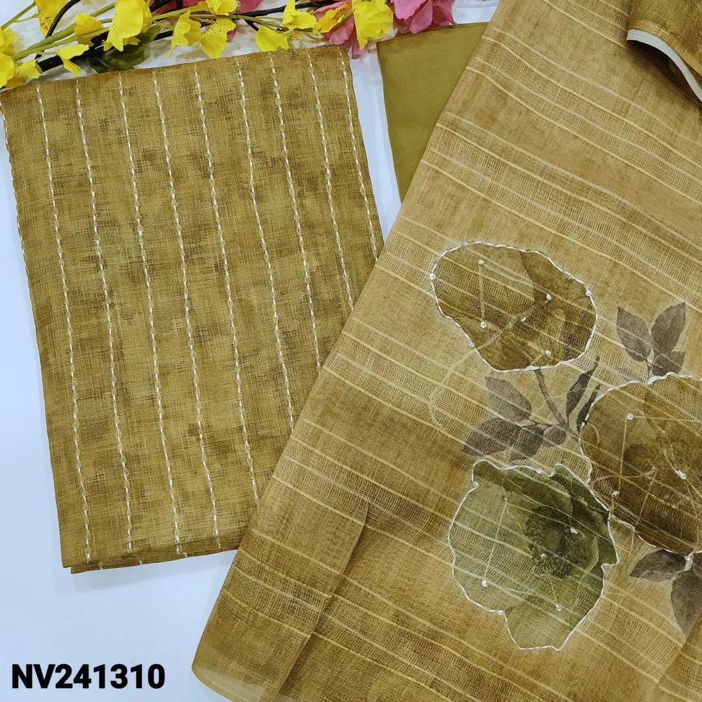 CODE NV241310: Mehandhi yellow with golden tint tissue linen unstitched salwar material kantha stitch work