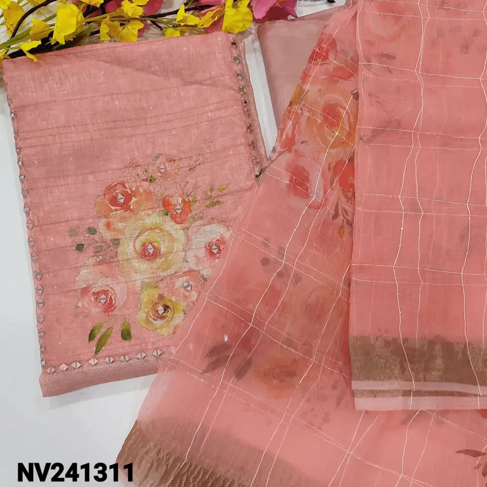 CODE NV241311: Pastel pink semi gicha unstitched salwar material floral printed yoke with zari& real mirror work(thin