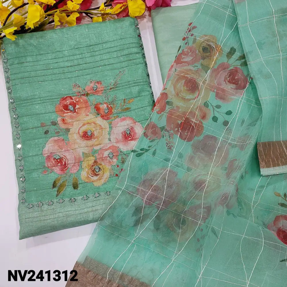 CODE NV241312: Pastel blue semi gicha unstitched salwar material floral printed yoke with zari& real mirror work(thin