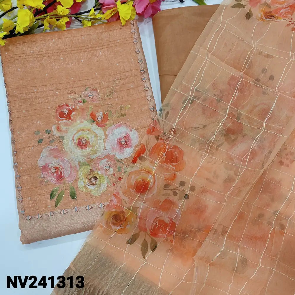 CODE NV241313: Pastel peach semi gicha unstitched salwar material floral printed yoke with zari& real mirror work(thin
