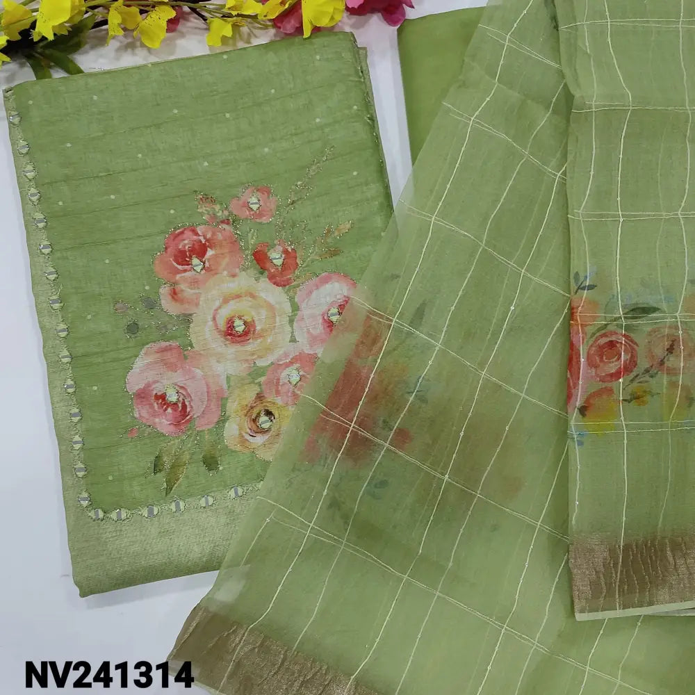 CODE NV241314: Pastel green semi gicha unstitched salwar material floral printed yoke with zari& real mirror work(thin