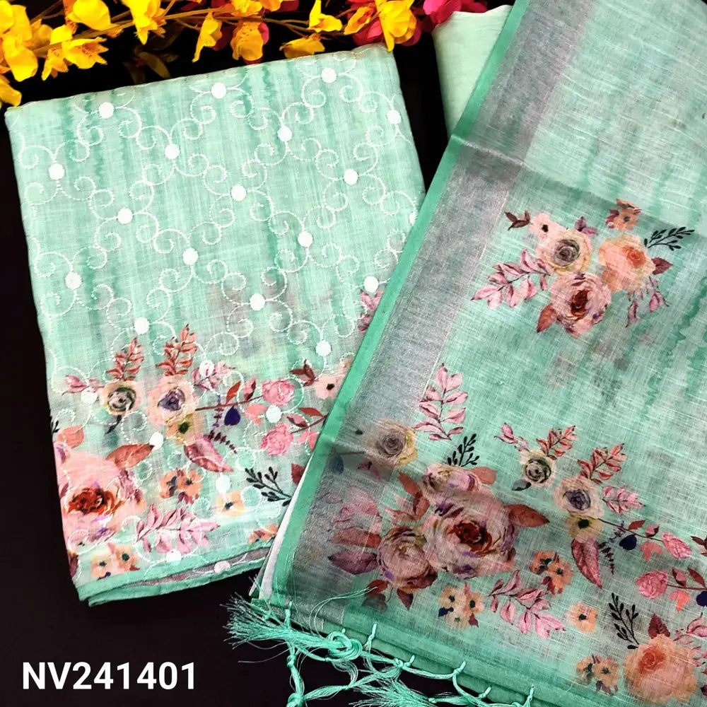 CODE NV241401: Sea green semi linen unstitched salwar material self embroidered on front(thin fabric lining