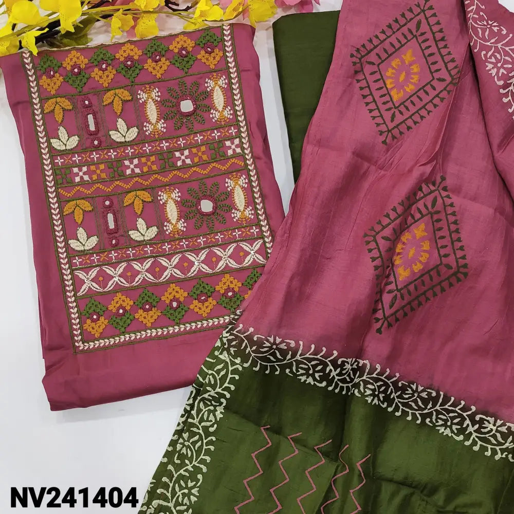 CODE NV241404: Pink satin cotton unstitched salwar material heavy embroidered& real mirror work on yoke(lining