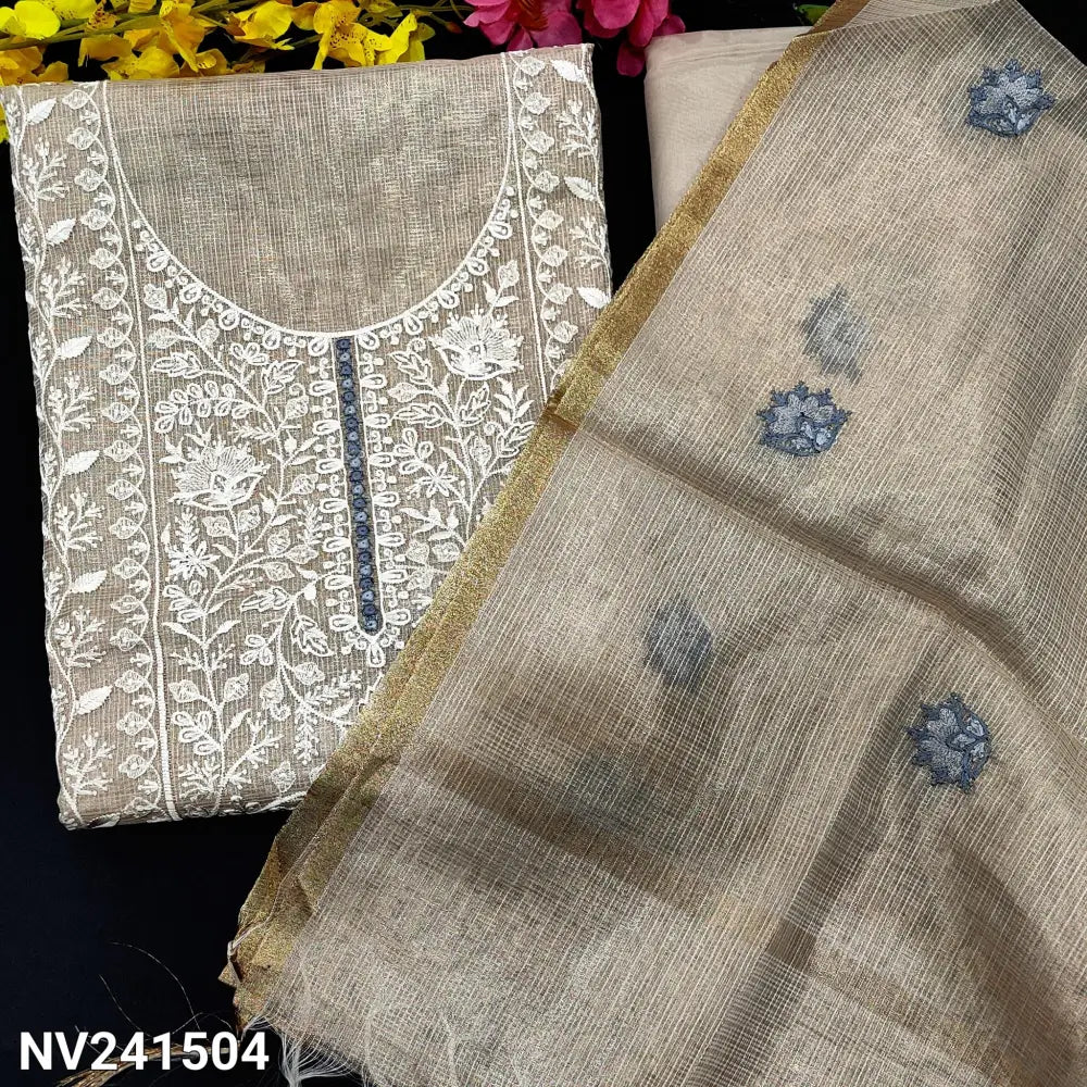 CODE NV241504: Golden beige tissue kota unstitched salwar material heavy embroidered on yoke panel pattern embroidered