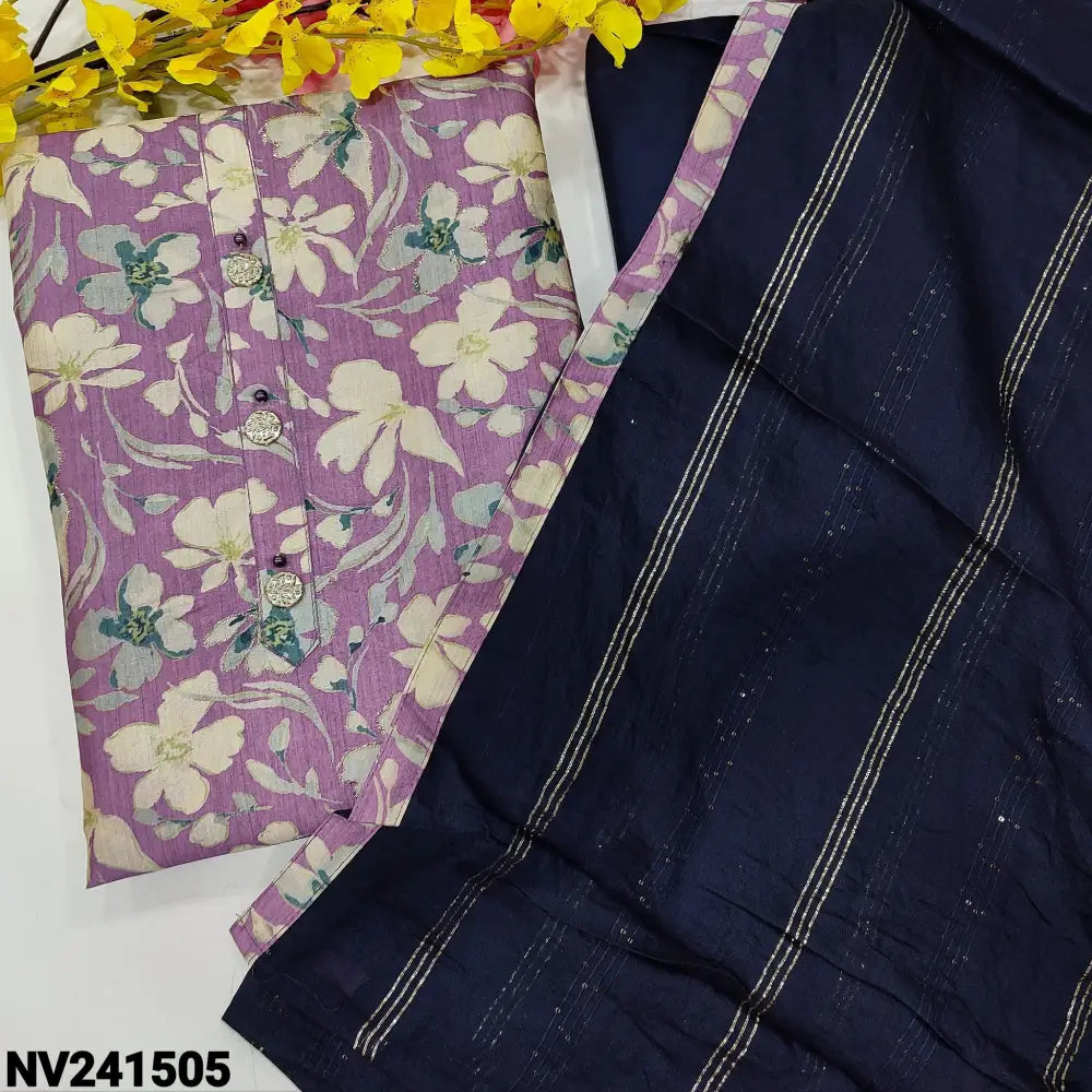 CODE NV241505: Purple digital floral printed silk cotton unstitched salwar material fancy buttons on yoke zari work