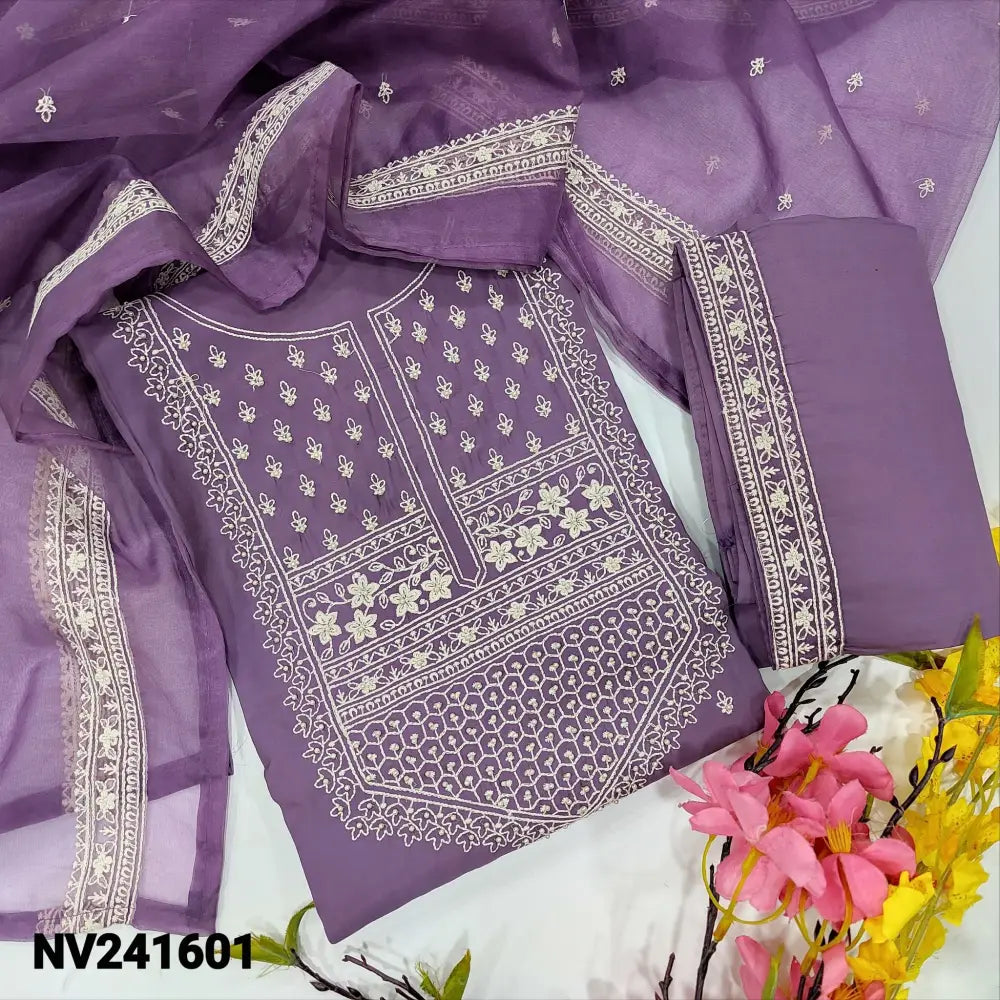 CODE NV241601: Light purple soft silk cotton unstitched salwar material thread embroidered& bead work on yoke&