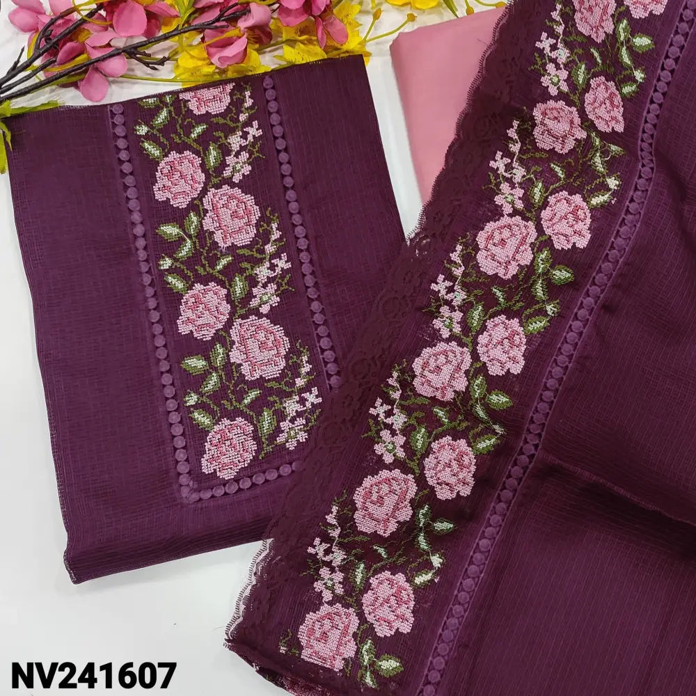 CODE NV241607: Beetroot purple fancy kota unstitched salwar material cross stitch embroidered& lace work on yoke(netted
