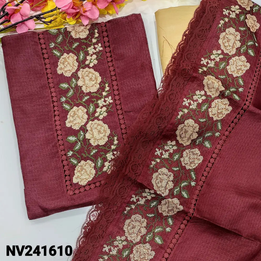CODE NV241610: Maroon fancy kota unstitched salwar material cross stitch embroidered& lace work on yoke(netted fabric