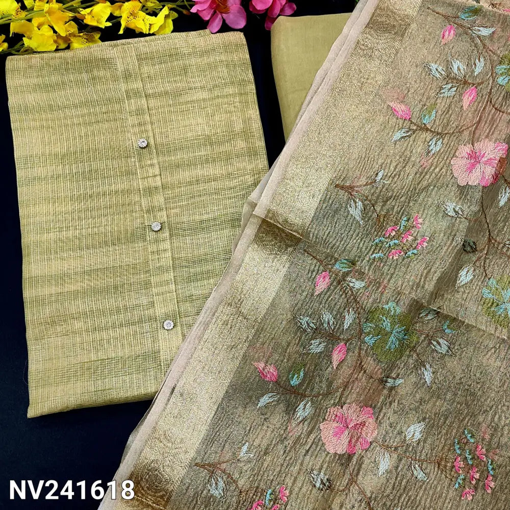 CODE NV241618: Light mehandhi yellow with golden tint tissue silk cotton unstitched salwar material fancy buttons
