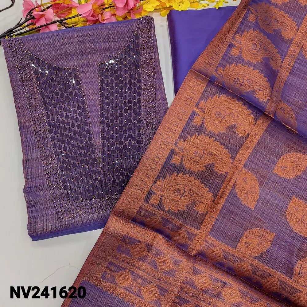 CODE NV241620: Dark purple with golden tint tissue silk cotton unstitched salwar material bead& sequins work