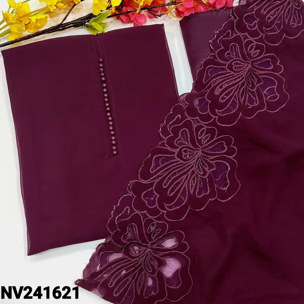 CODE NV241621: Beetroot purple semi georgette unstitched salwar material potli buttons on yoke(thin fabric lining