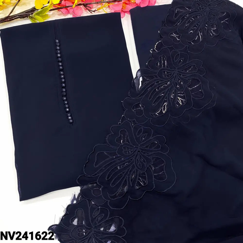 CODE NV241622: Dark blue semi georgette unstitched salwar material potli buttons on yoke(thin fabric lining