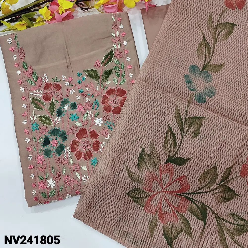 CODE NV241805: Light chocolate brown fancy silk cotton unstitched salwar material brush paint& thread embroidered