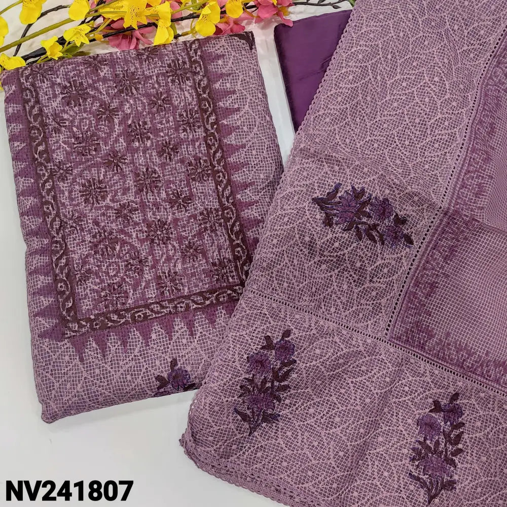 CODE NV241807: Mauve block printed fancy kota unstitched salwar material self embroidered on front(netted fabric lining
