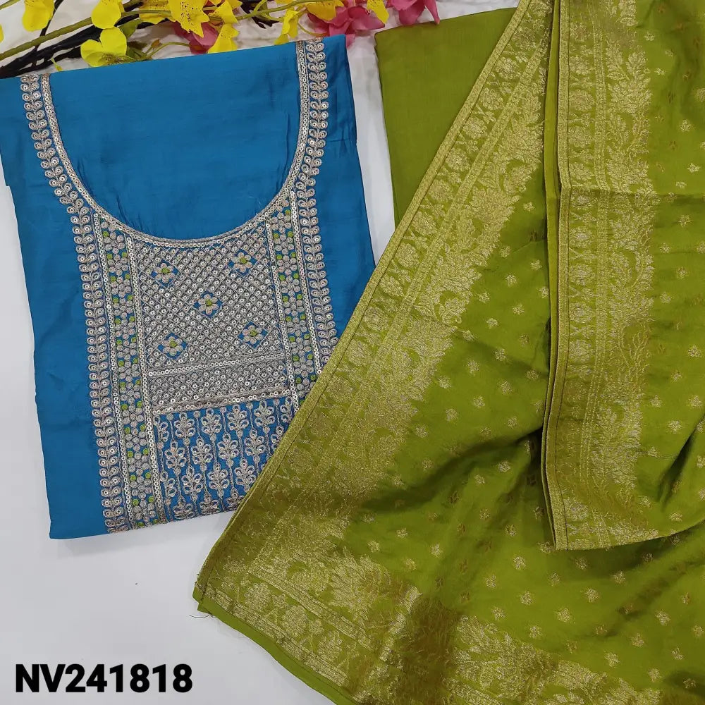 CODE NV241818: Turquoise blue fancy soft silk cotton unstitched salwar material heavy zari& sequins work on yoke(soft