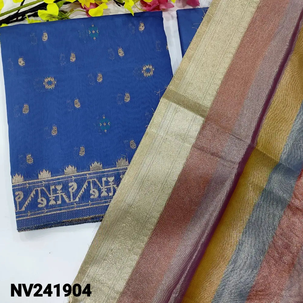CODE NV241904: Dual shaded royal blue silk cotton unstitched salwar material meenakari zari weaving all over(thin