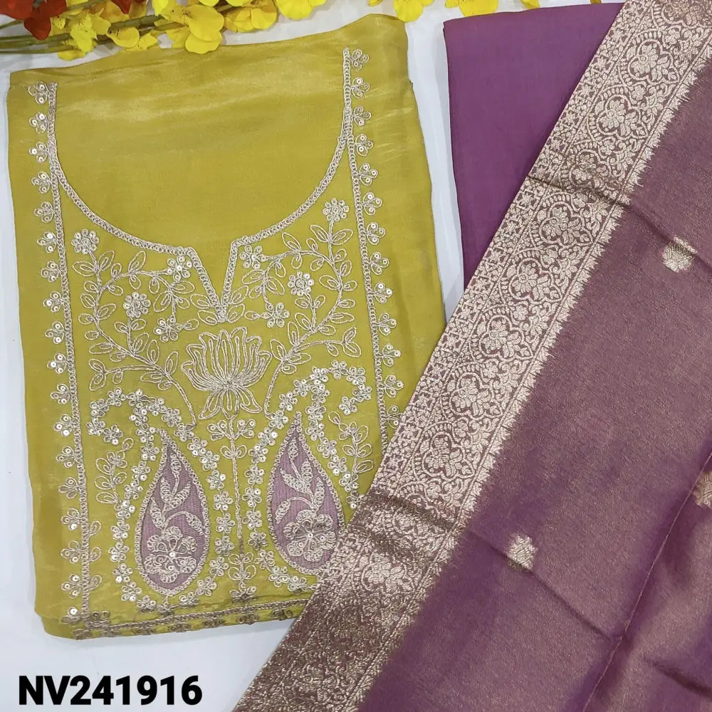 CODE NV241916: Light mehandhi yellow with golden tint tissue organza silk unstitched salwar material thread zari&