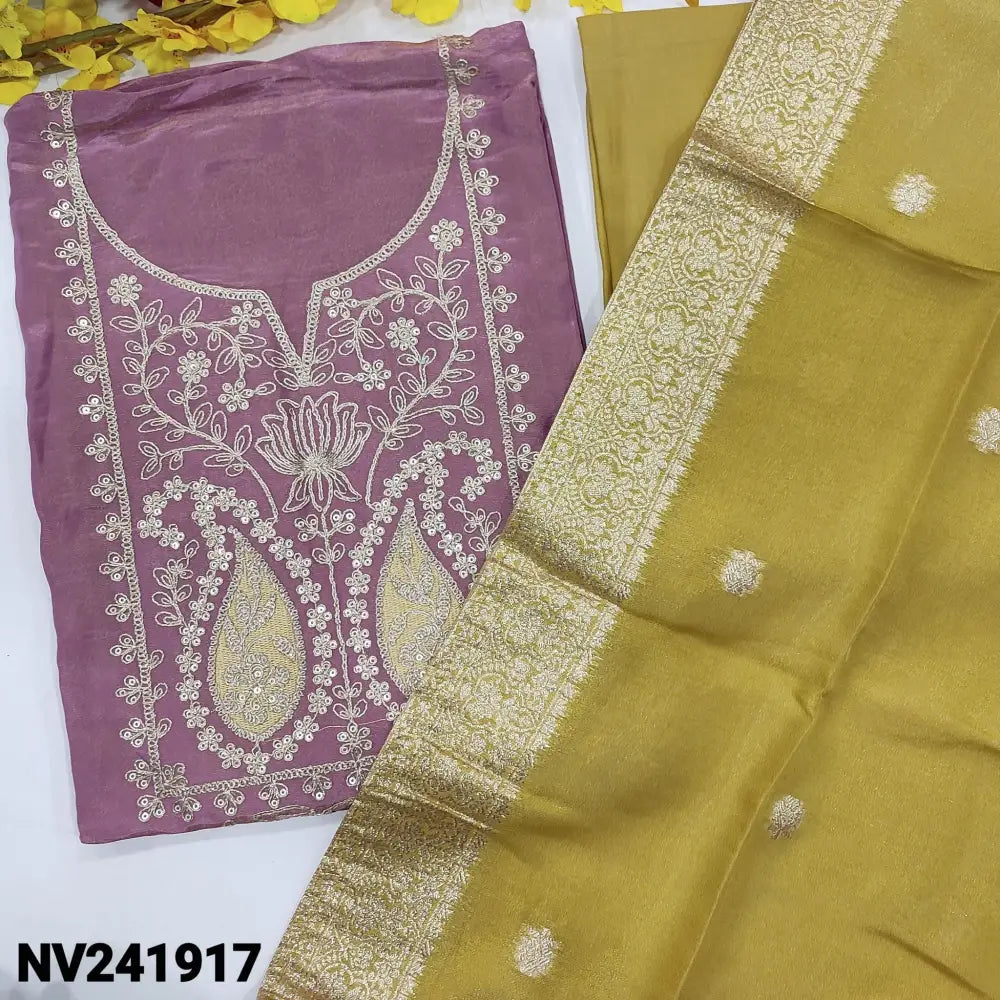 CODE NV241917: Purple with golden tint tissue organza silk unstitched salwar material thread zari& sequins work