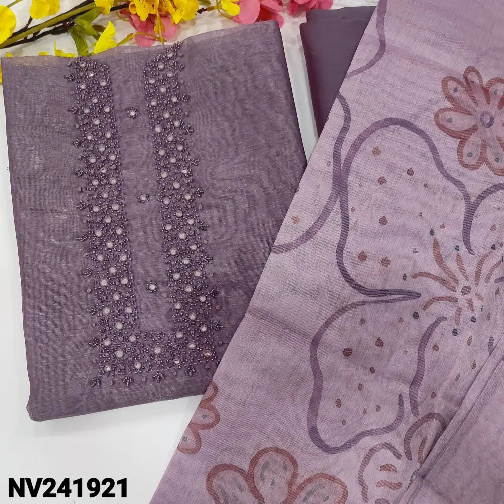CODE NV241921: Purple with silver tint tissue silk cotton unstitched salwar material bead& faux mirror work