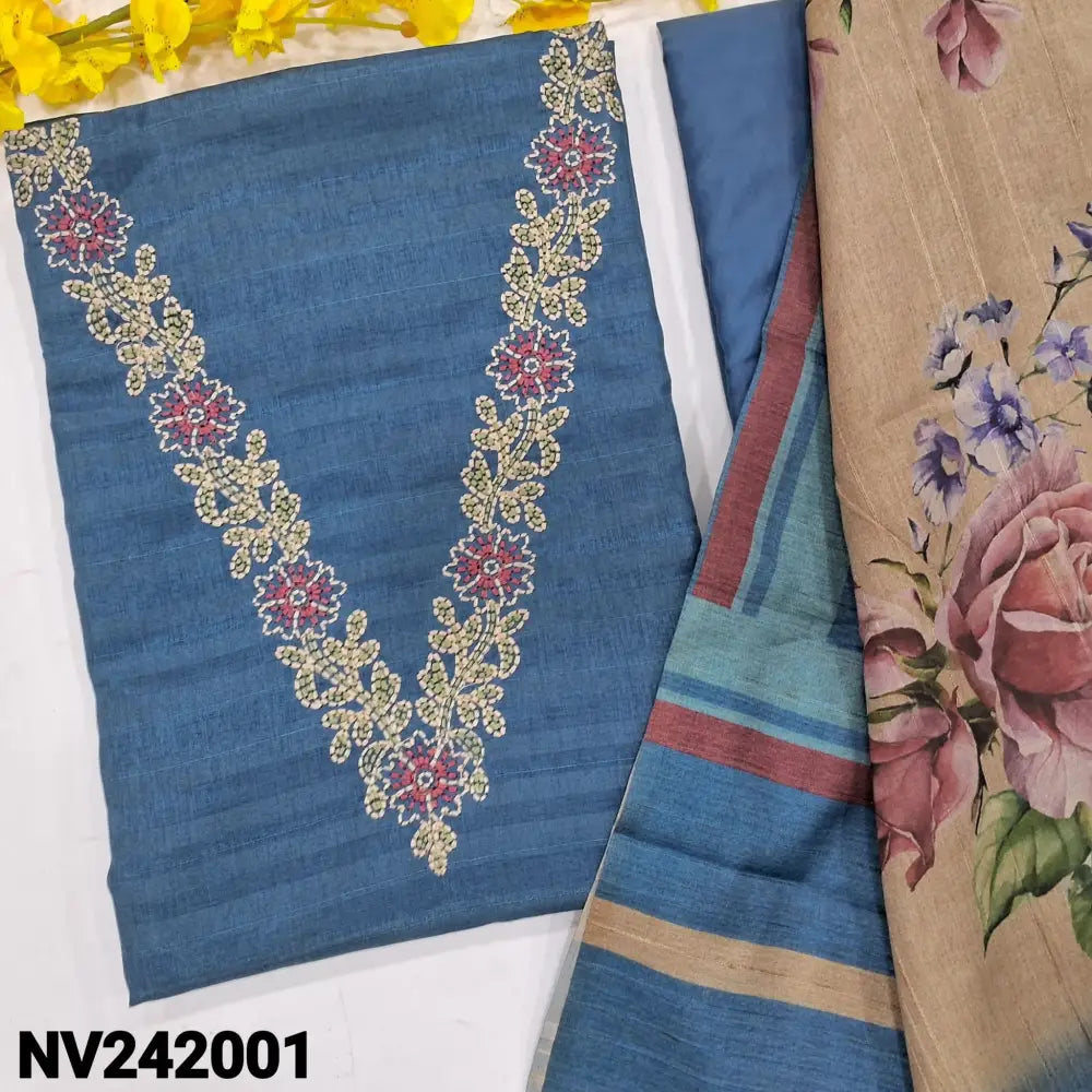 CODE NV242001: Blue fancy silk cotton unstitched salwar material v neck with embroidered(thin fabric lining