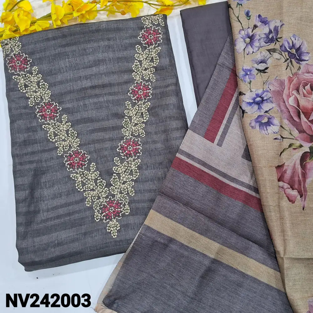 CODE NV242003: Grey fancy silk cotton unstitched salwar material v neck with embroidered(thin fabric lining