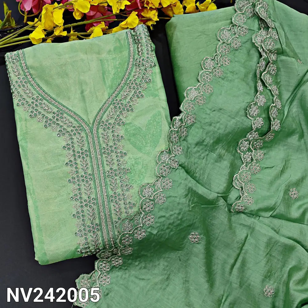 CODE NV242005: Pastel green sobar printed fancy tissue silk cotton unstitched salwar material thread& zari work