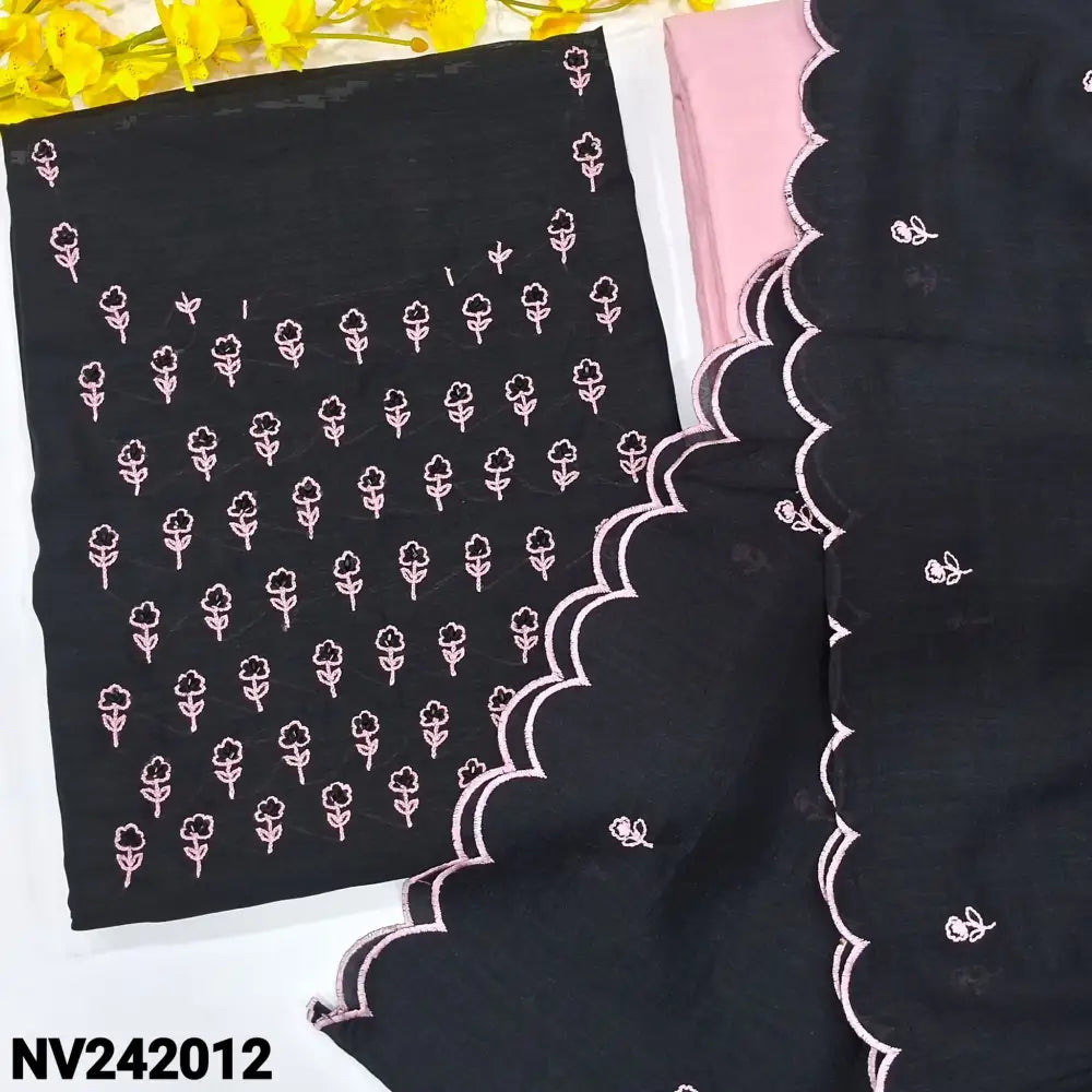 CODE NV242012: Black vichithra silk cotton unstitched salwar material thread& bead work on yoke(thin fabric lining