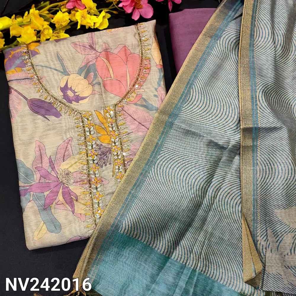 CODE NV242016: Grey designer printed premium silk cotton unstitched salwar material thread bead& sequin work