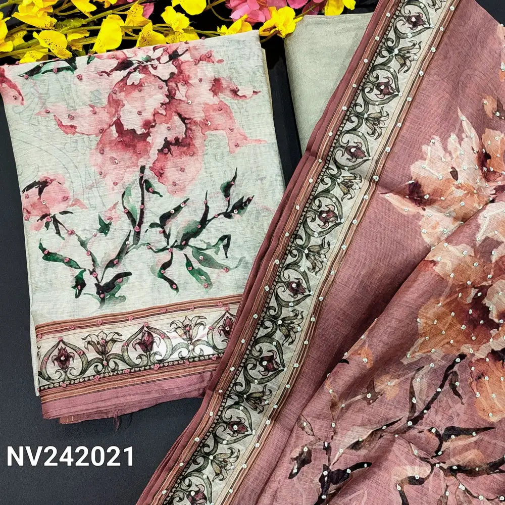 CODE NV242021: Light grey digital printed silk cotton unstitched salwar material thread &sequins work on yoke&