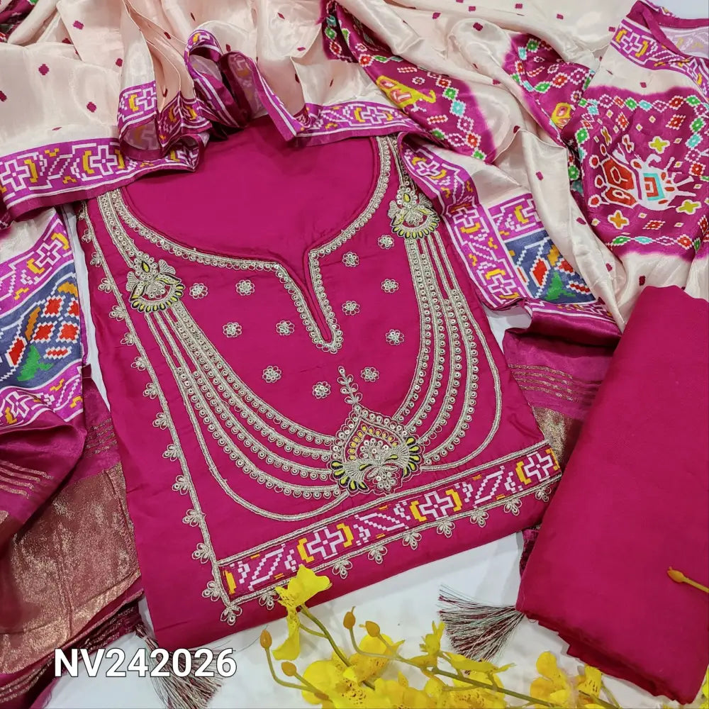 CODE NV242026: Bright pink printed pure dola silk unstitched salwar material heavy work on yoke sequins work