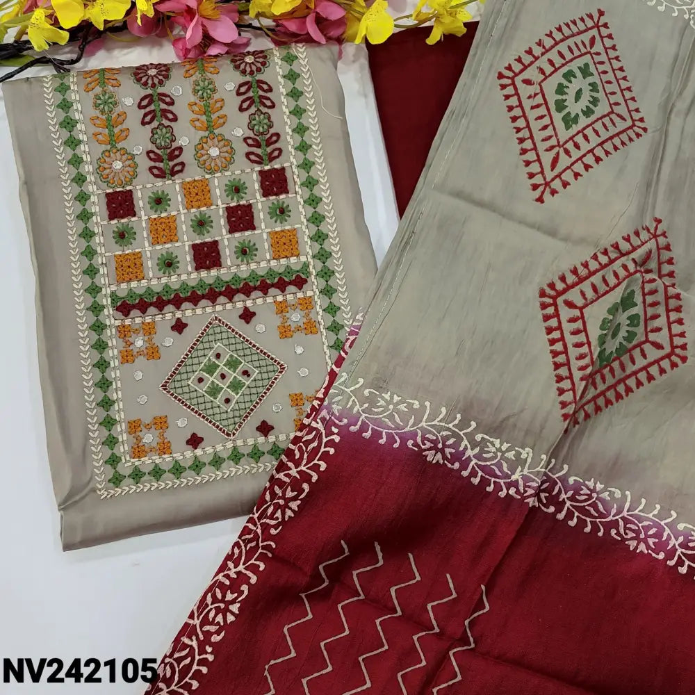 CODE NV242105: Light grey satin cotton unstitched salwar material heavy embroidered on yoke(lining optional)maroon pure