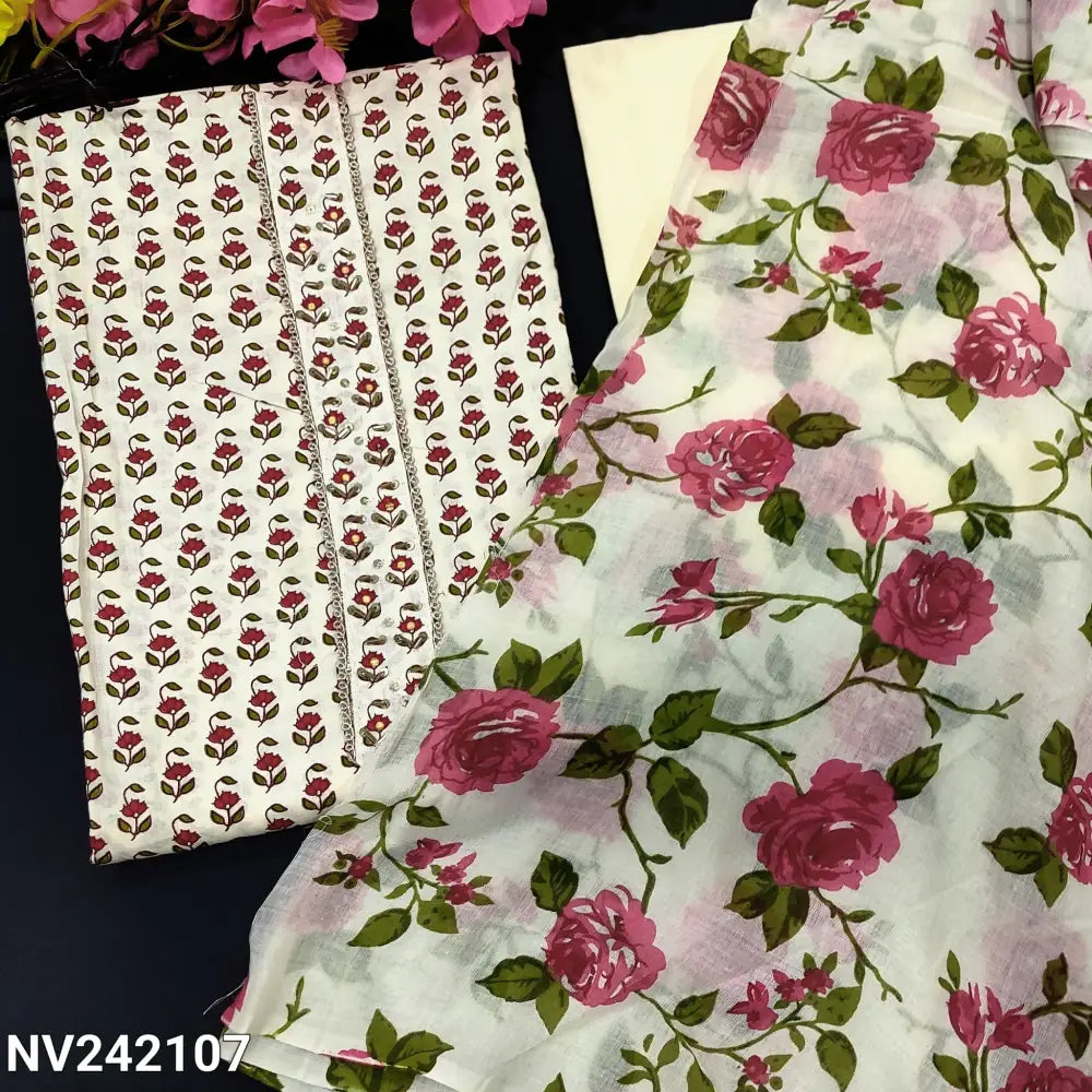 CODE NV242107: Half white base printed soft cotton unstitched salwar material zari bead &sequins work on yoke(lining