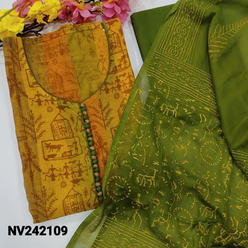 Multi color warli printed fancy silk cotton unstitched salwar material, potli buttons on yoke(lining needed)green cotton bottom, block printed chiffon